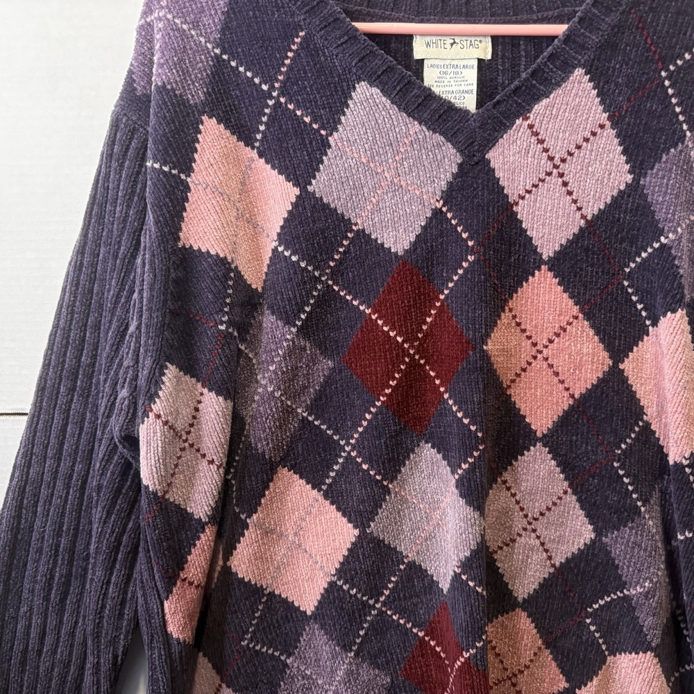 White Stag Vintage Y2K Women's XL Chenille Argyle V Neck Sweater Deep Purple - Picture 4 of 7